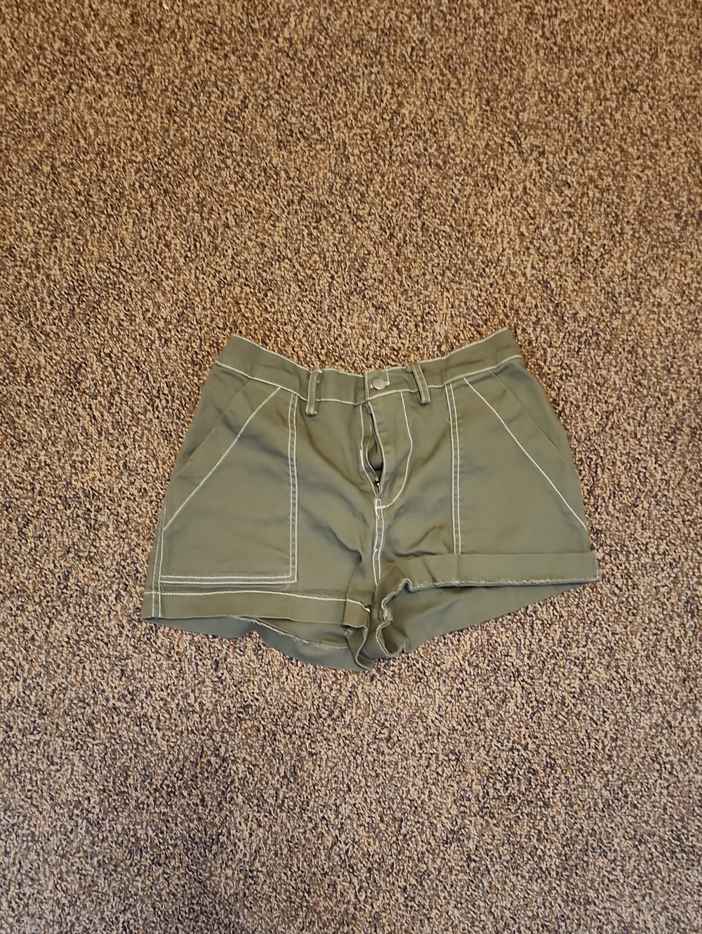 Essentials Olive High-Waist Casual Shorts with Contrast Stitching